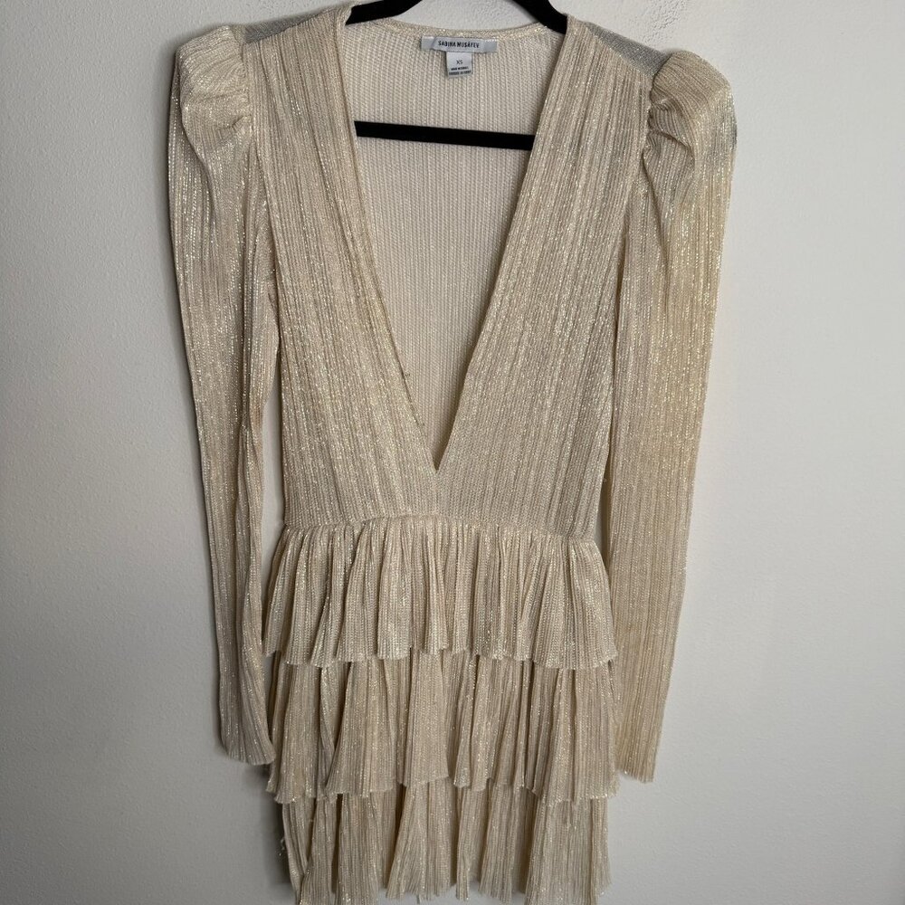 Sabina Musayev Women's XS Beige Tiered Sheer V Neck Long Sleeve Party Mini Dress